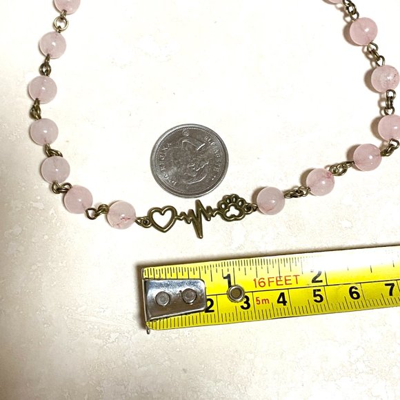 Natural Pink Rose Quartz Necklace, Bronze Paw Print Heart Beat+ Genuine Gemstone - Picture 12 of 14